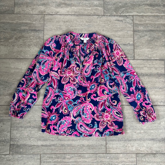Lilly Pulitzer Tops - Lilly Pulitzer‎ Pink and Blue Paisley Blouse silk